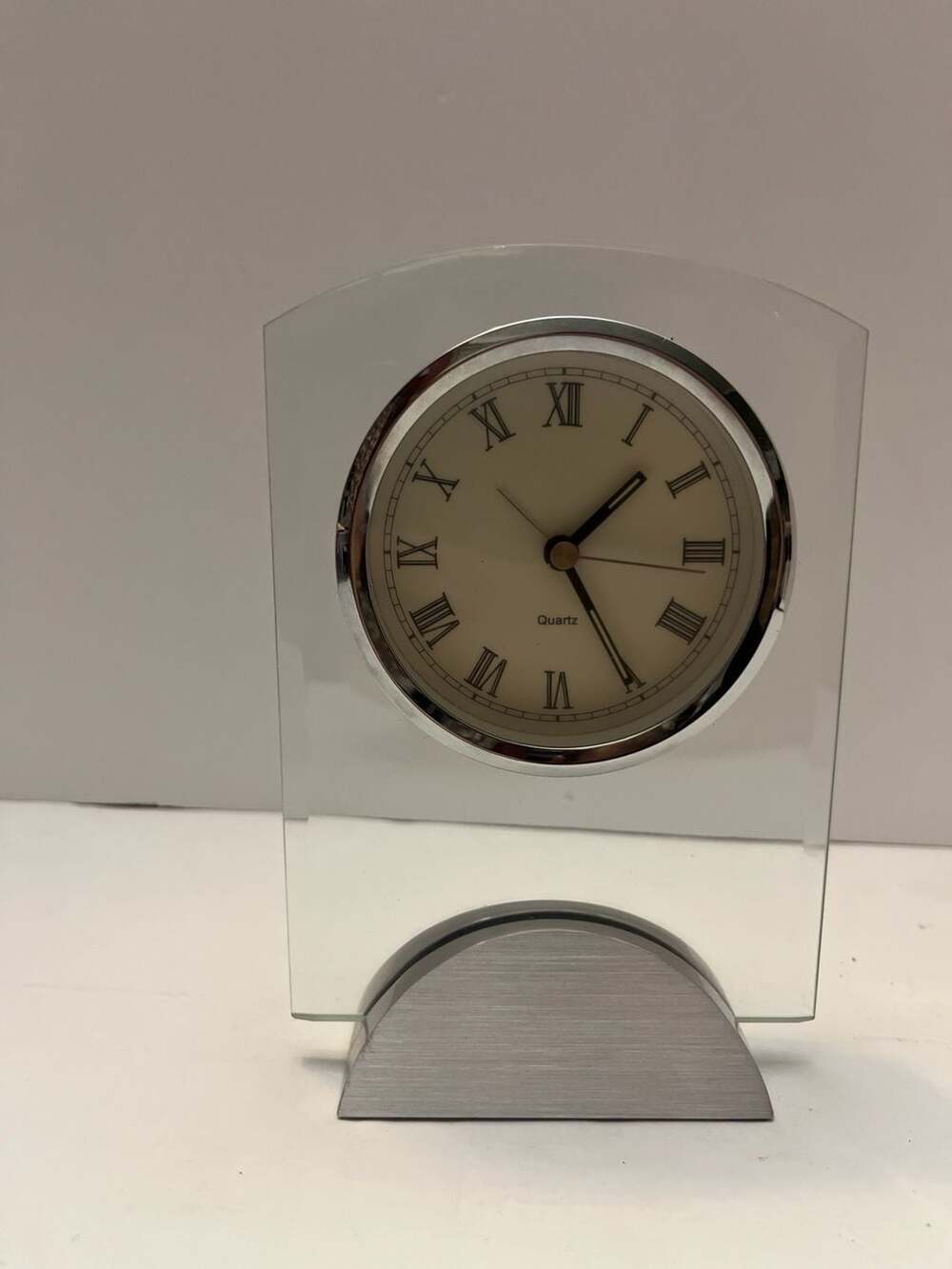 Arched Glass Desk Clock with Silver Tone Stand and Roman Numeral Dial